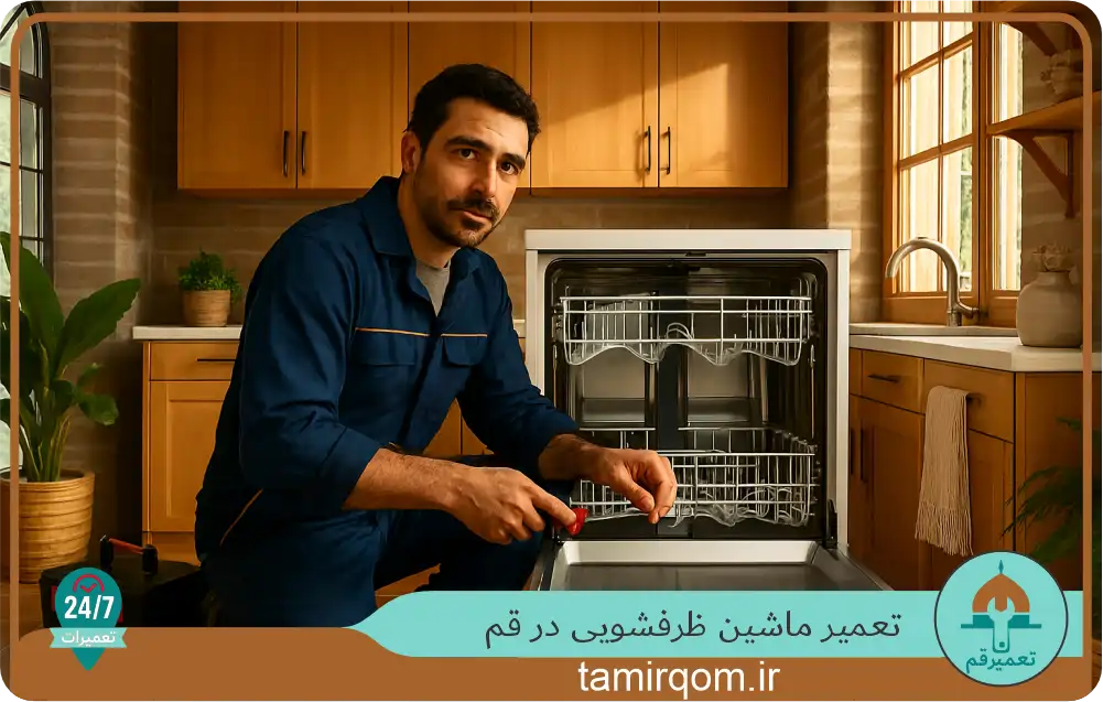 تعمیر ماشین ظرفشویی خراب در قم توسط تعمیرکار متخصص در حال عیب‌یابی و تعمیر