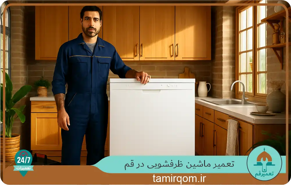 تعمیرکار ماشین ظرفشویی در قم در کنار دستگاه ایستاده و آماده ارائه خدمات تعمیر