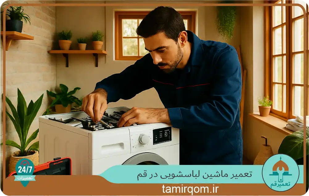 تکنسین لباسشویی در قم در حال باز کردن و تعمیر دستگاه