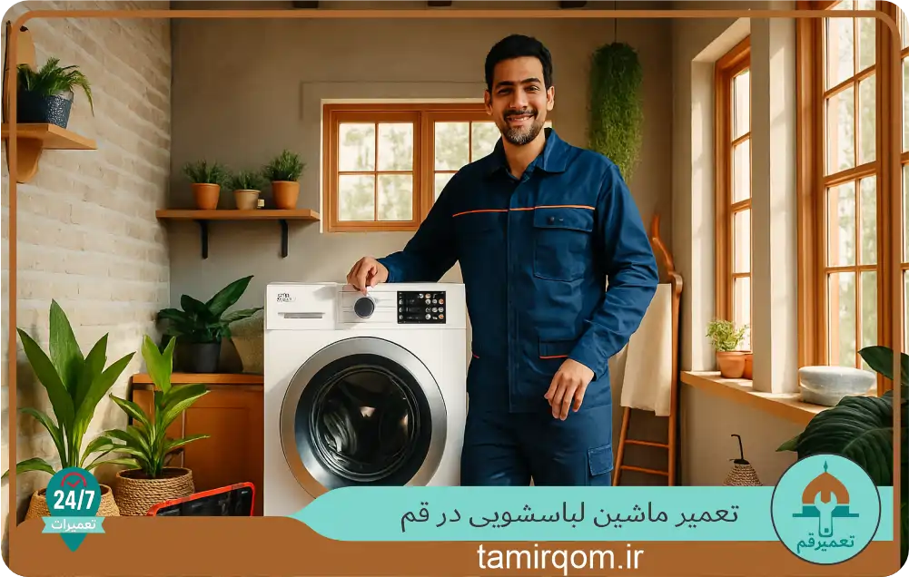 تعمیرکار ماشین لباسشویی در قم جلوی دستگاه ایستاده و آماده خدمات