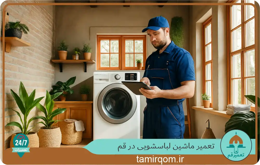 متخصص تعمیر ماشین لباسشویی در قم با تبلت در دست و دستگاه پشت سر او