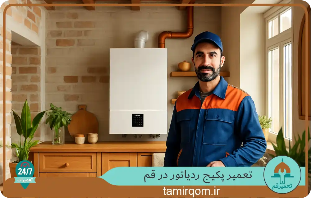 تعمیرکار پکیج در قم جلوی دستگاه ایستاده و آماده ارائه خدمات
