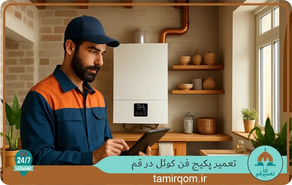متخصص تعمیر پکیج در قم با تبلت در دست و دستگاه پکیج دیواری پشت سر او