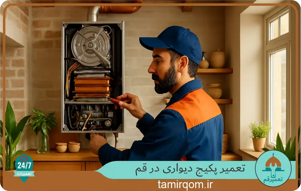 تکنسین پکیج در قم در حال باز کردن و تعمیر دستگاه دیواری