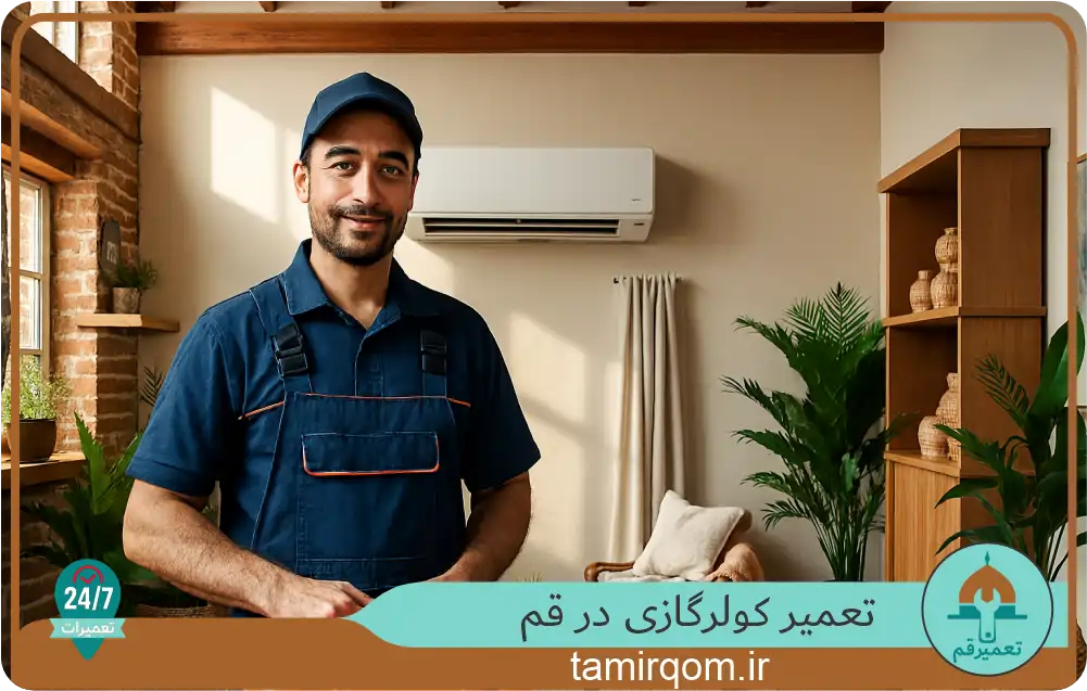 تعمیرکار کولرگازی در قم جلوی دستگاه ایستاده و آماده ارائه خدمات