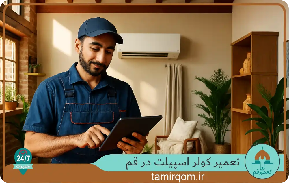 متخصص تعمیر کولرگازی در قم با تبلت در دست و کولرگازی پشت سر او