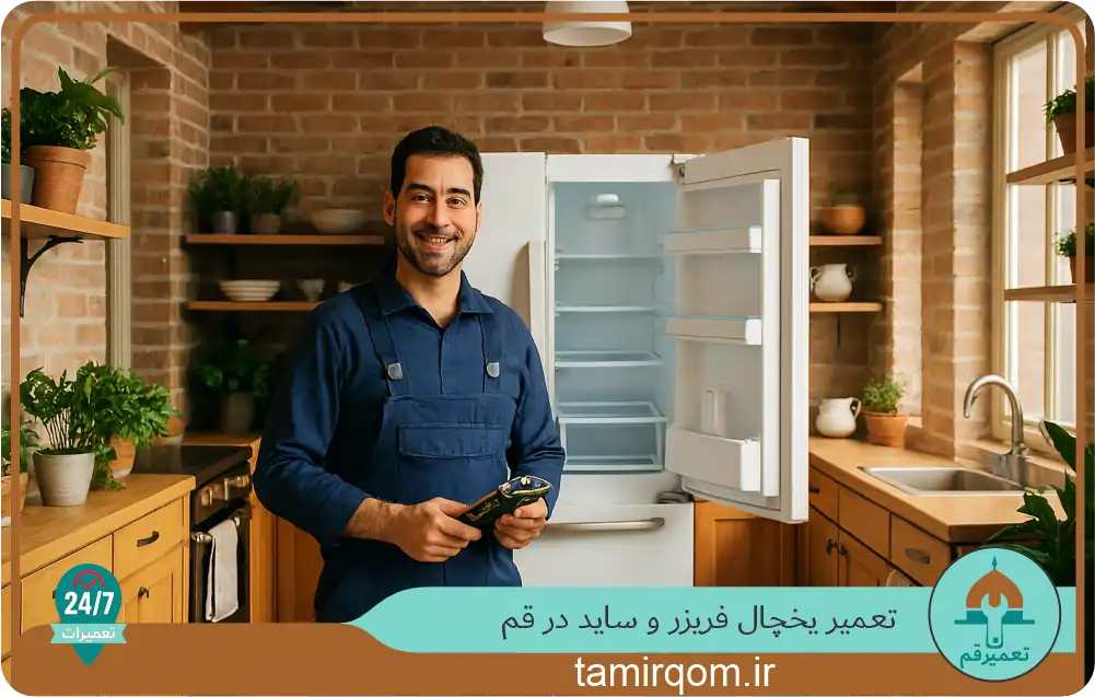 تعمیرکار یخچال در قم جلوی دستگاه ایستاده و آماده ارائه خدمات