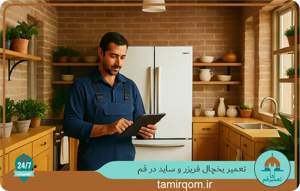 متخصص تعمیر یخچال در قم با تبلت در دست و یخچال خانگی پشت سر او