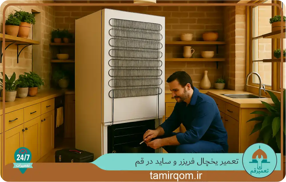 تکنسین یخچال در قم در حال باز کردن و تعمیر یخچال خانگی