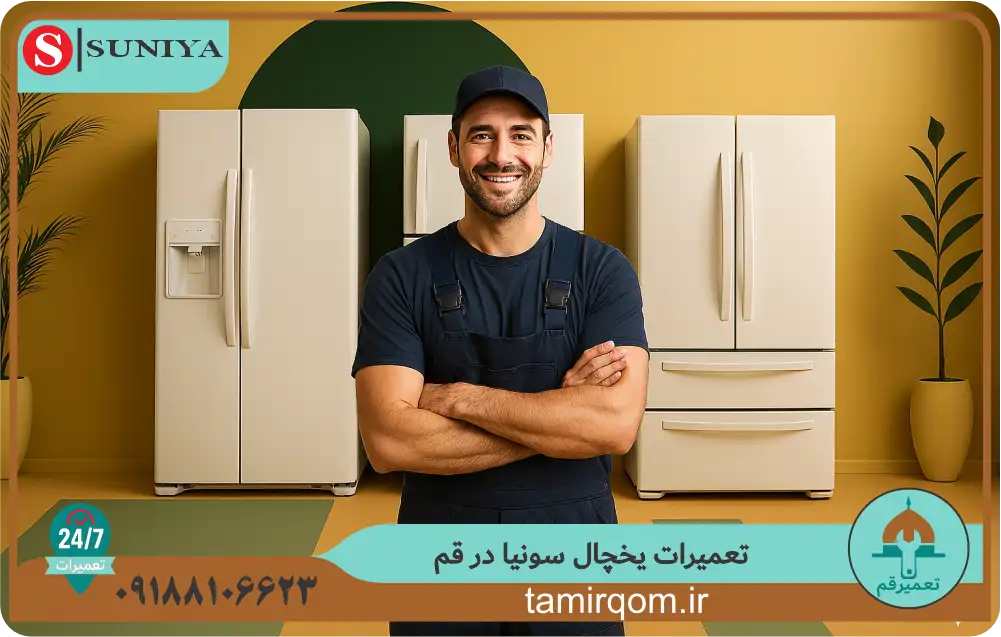 تعمیرکار متخصص در حال بررسی یخچال سونیا – تعمیر قم ارائهدهنده خدمات تعمیر یخچال سونیا در قم